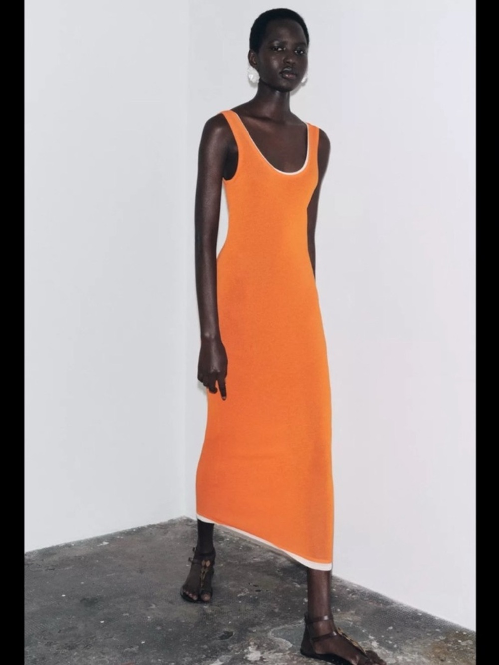 Zara Bright Orange Sleeveless Midi Dress with White Trim
